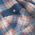 Camicia a maniche corte scozzese in denim patchwork da uomo